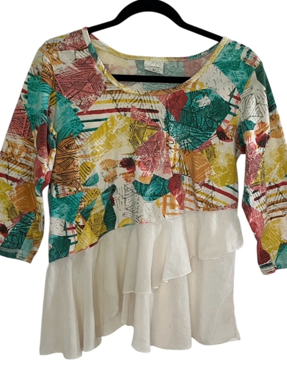 Mixed Print Ruffle-Hem Women's Top in Ivory and Multi